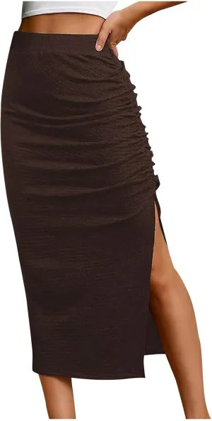 Women Pencil Midi Skirt Solid High Waisted Ruched Split Thigh Slit Skirts Casual Fashion Sexy Formal Bodycon Skorts