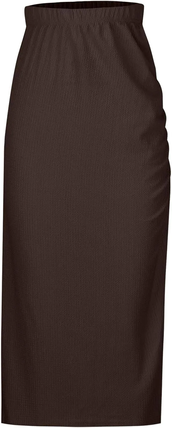 Women Pencil Midi Skirt Solid High Waisted Ruched Split Thigh Slit Skirts Casual Fashion Sexy Formal Bodycon Skorts