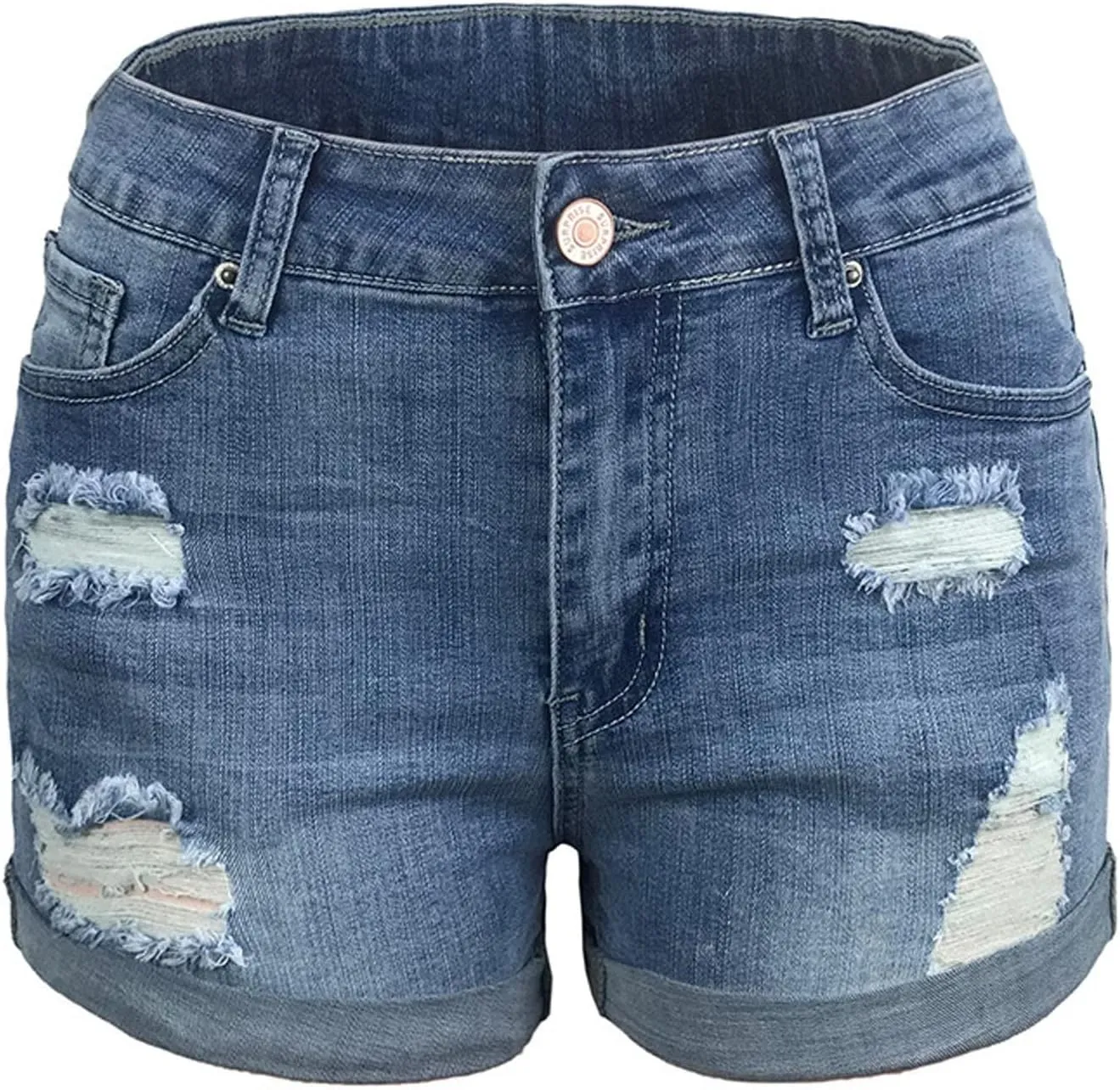 Women Ripped Denim Jean Shorts High Waisted Casual Summer Folded Hem Distressed Frayed Stretchy Jeans Short with Pockets