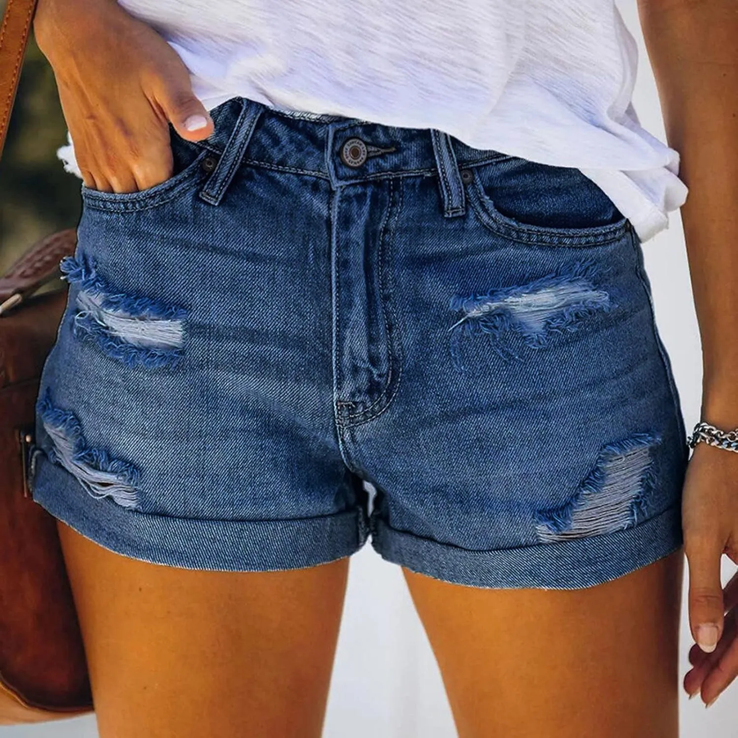 Women Ripped Denim Jean Shorts High Waisted Casual Summer Folded Hem Distressed Frayed Stretchy Jeans Short with Pockets