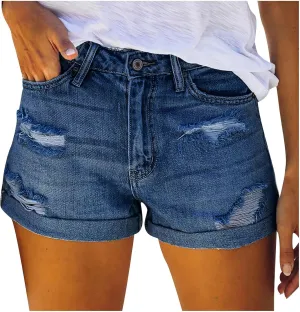 Women Ripped Denim Jean Shorts High Waisted Casual Summer Folded Hem Distressed Frayed Stretchy Jeans Short with Pockets