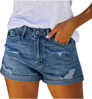 Women Ripped Denim Jean Shorts High Waisted Casual Summer Folded Hem Distressed Frayed Stretchy Jeans Short with Pockets