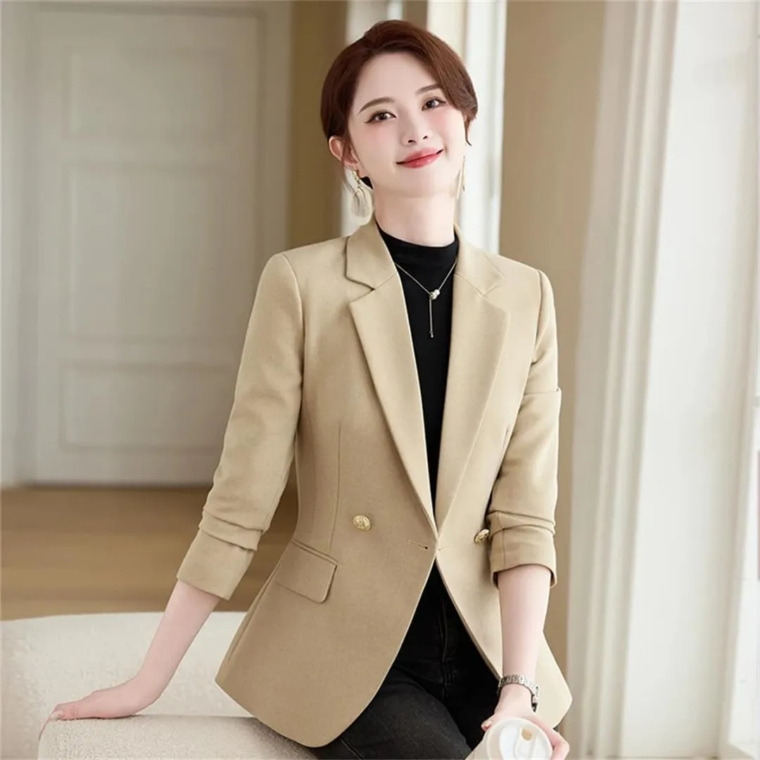 Women Sequin Single Button Long Sleeve Blazers Coat Apricot Black Gray Suit Jacket
