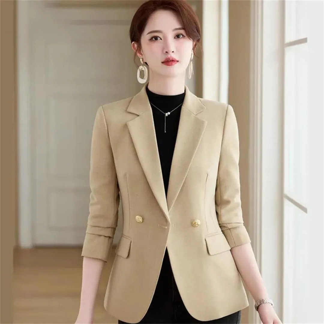 Women Sequin Single Button Long Sleeve Blazers Coat Apricot Black Gray Suit Jacket