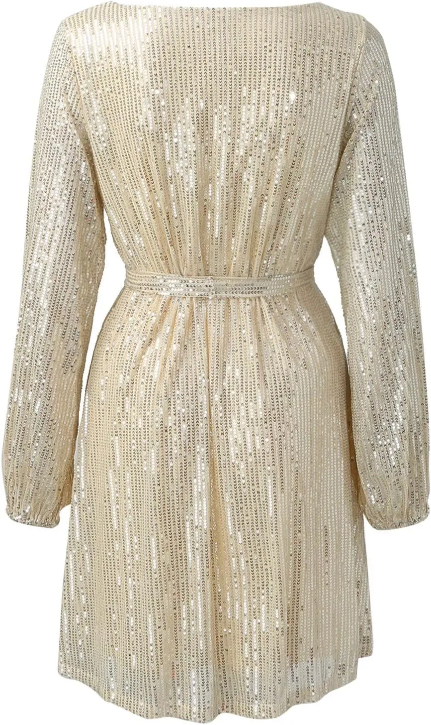 Women Sexy Sequin Dresses Long Sleeve Sparkly Glitter Ruched Bodycon Dress Party Night Out Club Dresses