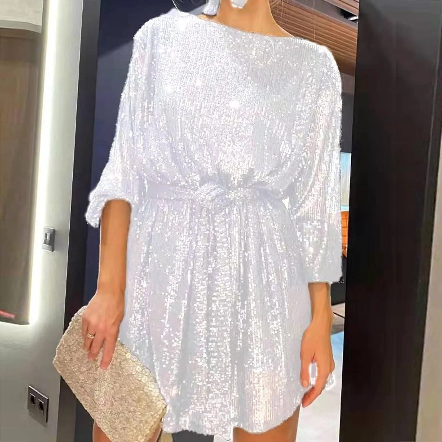 Women Sexy Sequin Dresses Long Sleeve Sparkly Glitter Ruched Bodycon Dress Party Night Out Club Dresses