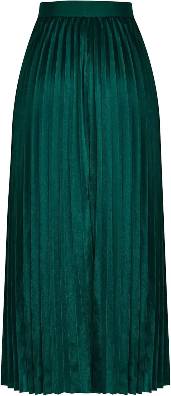 Women Silk Satin Pleated Midi Skirt High Waist Versatile Flowy Ruffle Swing Skirts Lightweight Casual Flared Skirt