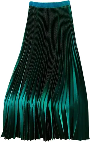 Women Silk Satin Pleated Midi Skirt High Waist Versatile Flowy Ruffle Swing Skirts Lightweight Casual Flared Skirt