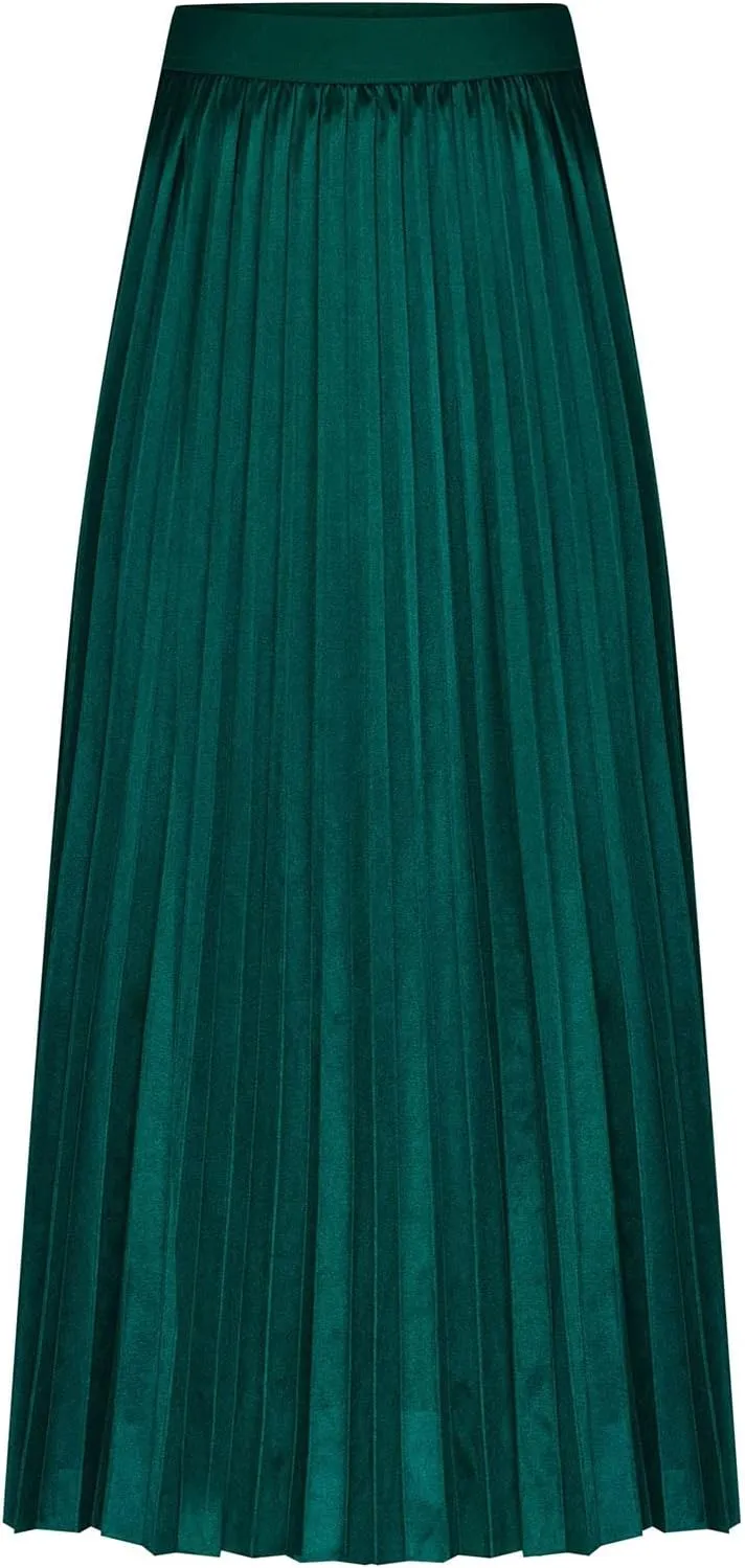 Women Silk Satin Pleated Midi Skirt High Waist Versatile Flowy Ruffle Swing Skirts Lightweight Casual Flared Skirt