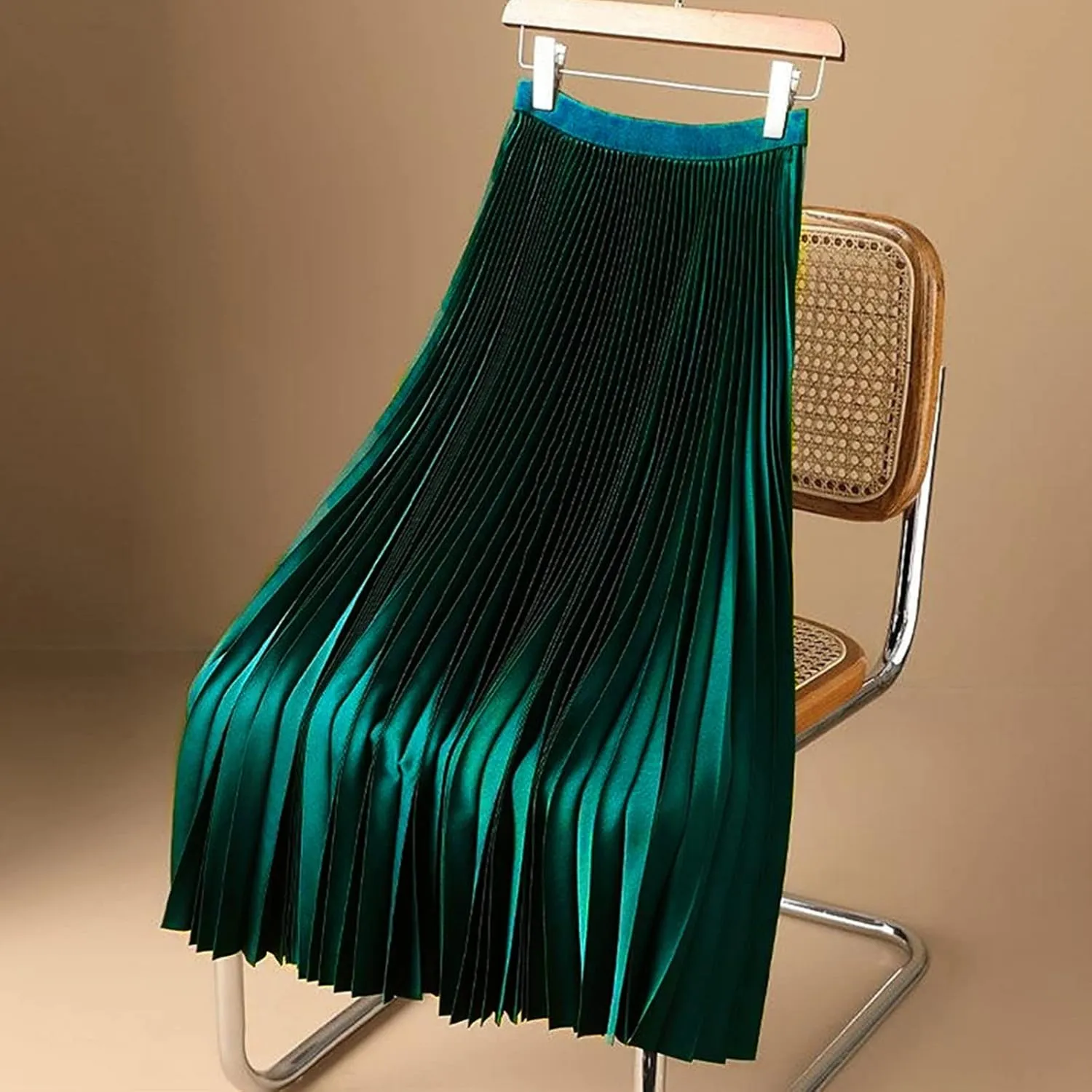 Women Silk Satin Pleated Midi Skirt High Waist Versatile Flowy Ruffle Swing Skirts Lightweight Casual Flared Skirt