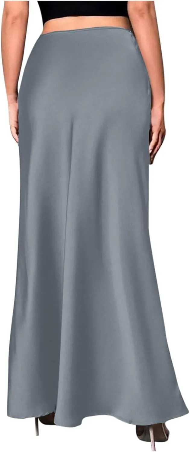 Women Silk Satin Skirt Summer Fashion Elegant High Waist Cocktail Party Skirts Casual Solid Sexy A Line Maxi Skirt