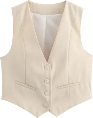 Women Sleeveless Crop Blazer Vest Fitted V Neck Waistcoat Jackets Button Up Irregular Hem Work Office Blazers Jacket