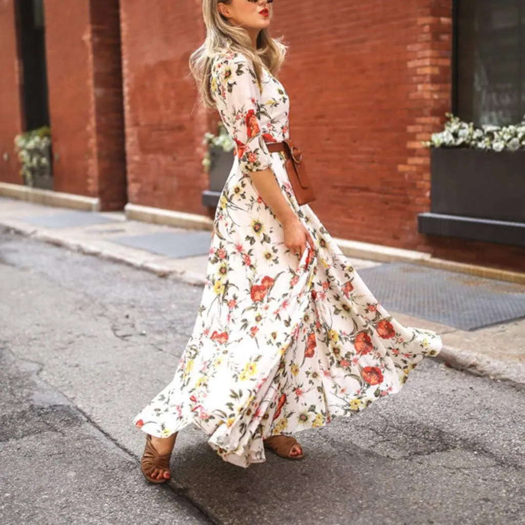 Women Summer Casual Floral Printed Swing Half Sleeve A-Line Flowy Boho Maxi Dress 2025 Trendy Beach Travel Clothes