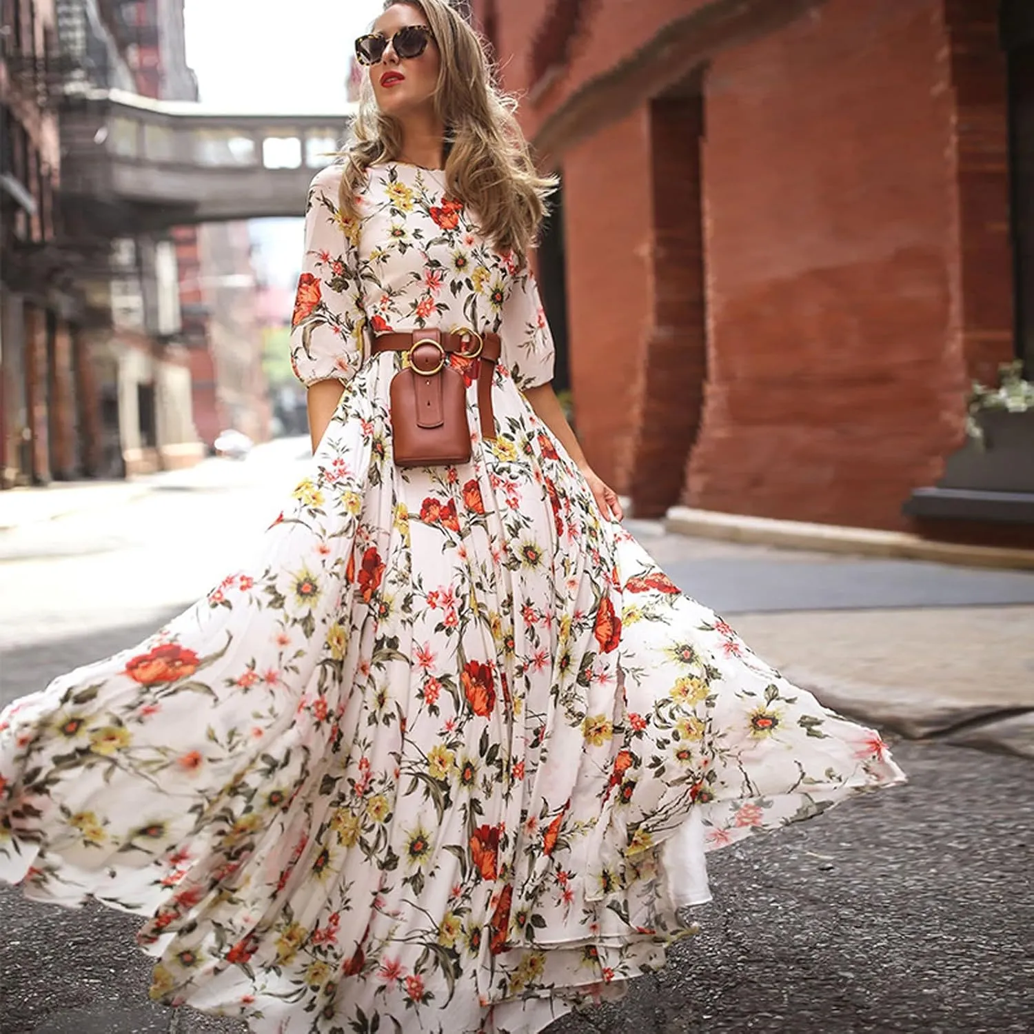 Women Summer Casual Floral Printed Swing Half Sleeve A-Line Flowy Boho Maxi Dress 2025 Trendy Beach Travel Clothes