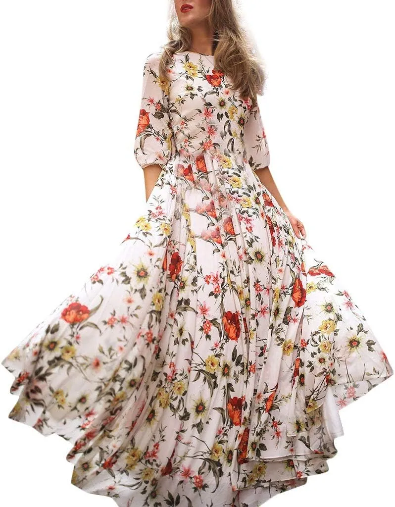 Women Summer Casual Floral Printed Swing Half Sleeve A-Line Flowy Boho Maxi Dress 2025 Trendy Beach Travel Clothes
