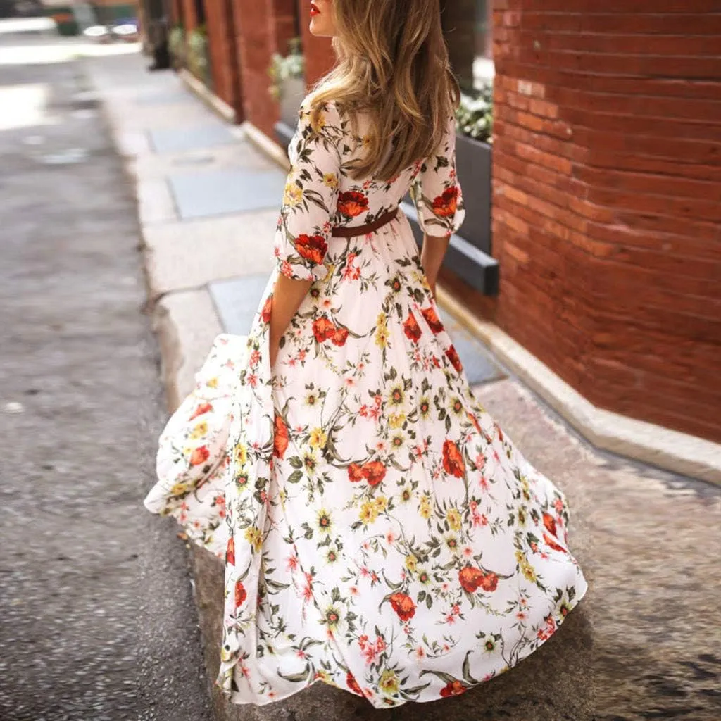 Women Summer Casual Floral Printed Swing Half Sleeve A-Line Flowy Boho Maxi Dress 2025 Trendy Beach Travel Clothes