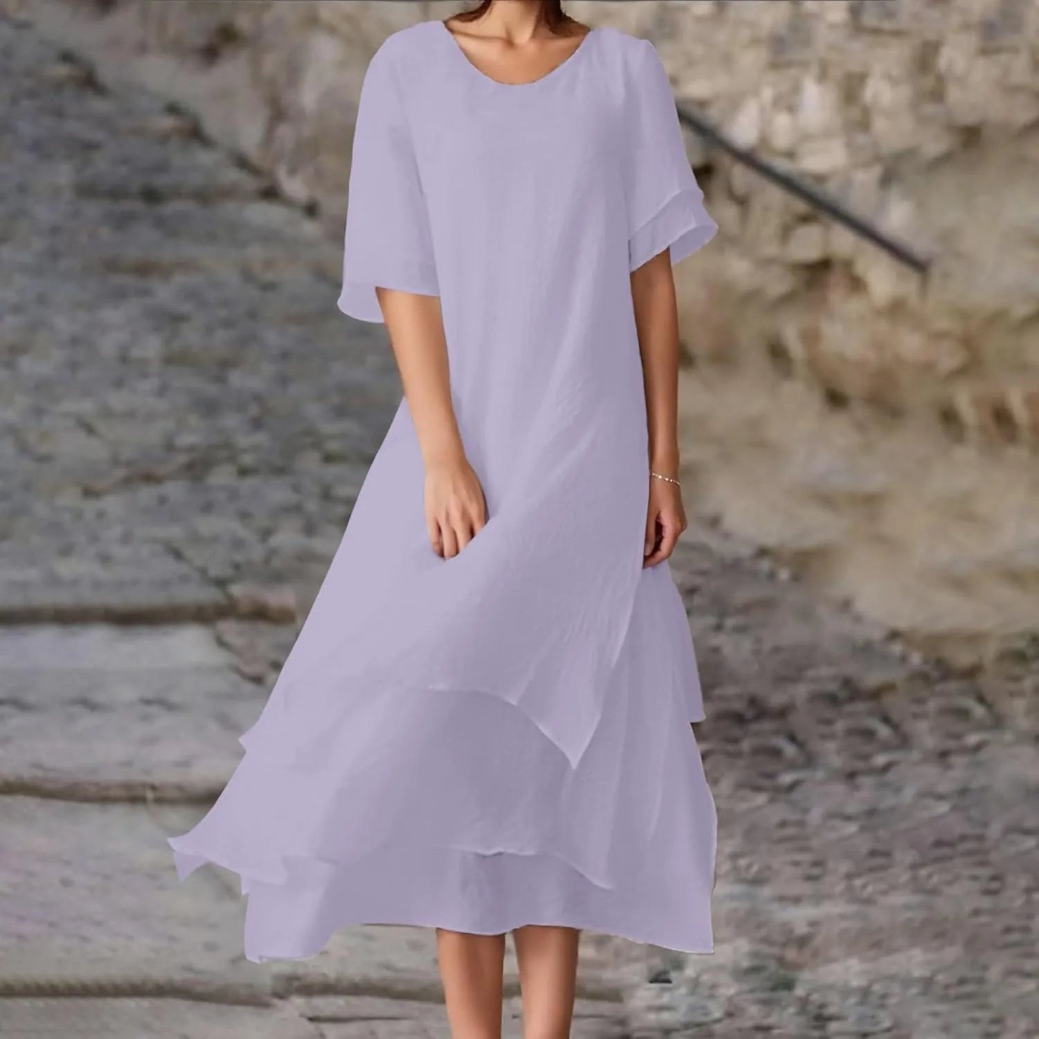 Women Summer Casual Maxi Dress 2025 Flowy Scoop Neck Tiered Long Dress Flutter Short Sleeve Beach Vacation Sundresses