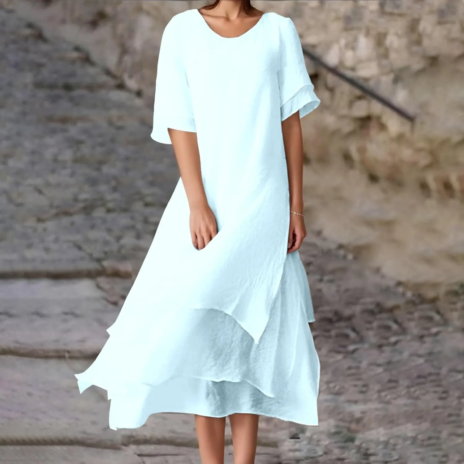 Women Summer Casual Maxi Dress 2025 Flowy Scoop Neck Tiered Long Dress Flutter Short Sleeve Beach Vacation Sundresses