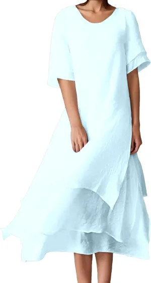 Women Summer Casual Maxi Dress 2025 Flowy Scoop Neck Tiered Long Dress Flutter Short Sleeve Beach Vacation Sundresses