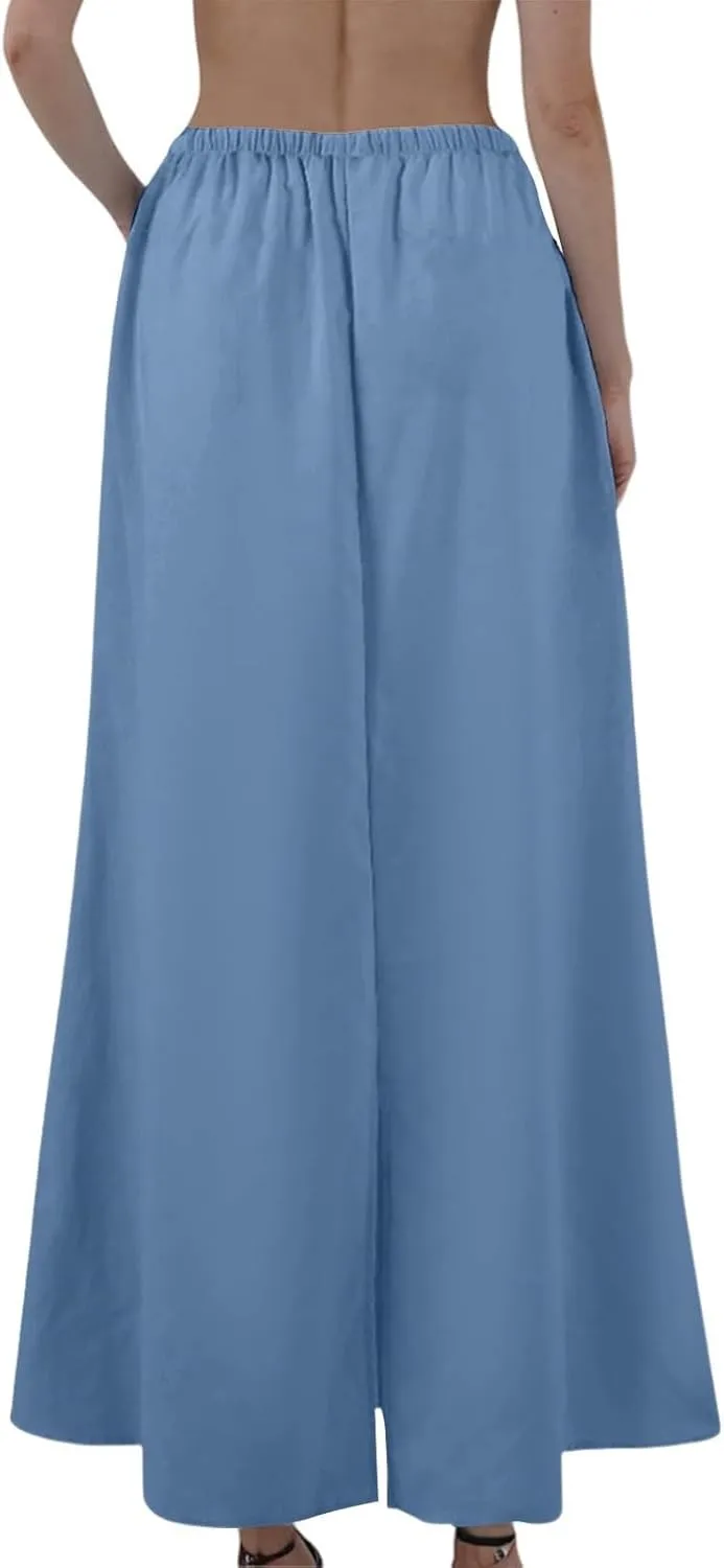 Women Summer Skirts Linen Maxi Skirt with Slit High Waisted A Line Skirt Loose Drawstring Long Boho Skirts (S-2Xl)