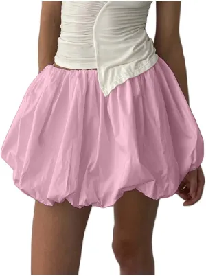 Women Y2k Bubble Skirt Ruffle Hem Pleated A Line Flare Mini Short Skirt Streetwear Beach Dresses