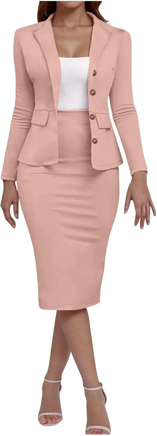 Women's 2 Piece Suit Skirt Set Business Work Jacket Long Sleeve Blazers and Midi Pencil Skirt Casual Dressy Suits