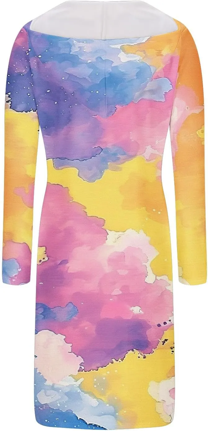 Women's 2024 Fall Dresses Long Sleeve V Neck Floral Dress Flowy Casual Dress Midi Dress Shift Long Dress