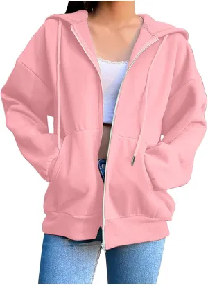 Women's 2024 Fall Zip Up Hoodies Sweatshirt Solid Color Long Sleeve Oversized Coat Casual Cozy Fall Winter Outfits