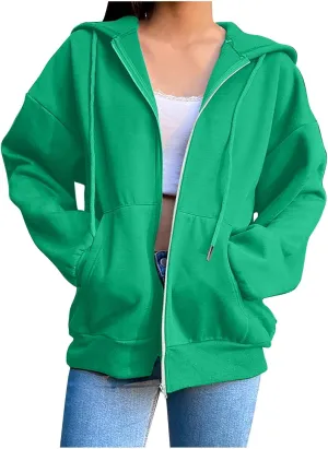 Women's 2024 Fall Zip Up Hoodies Sweatshirt Solid Color Long Sleeve Oversized Coat Casual Cozy Fall Winter Outfits