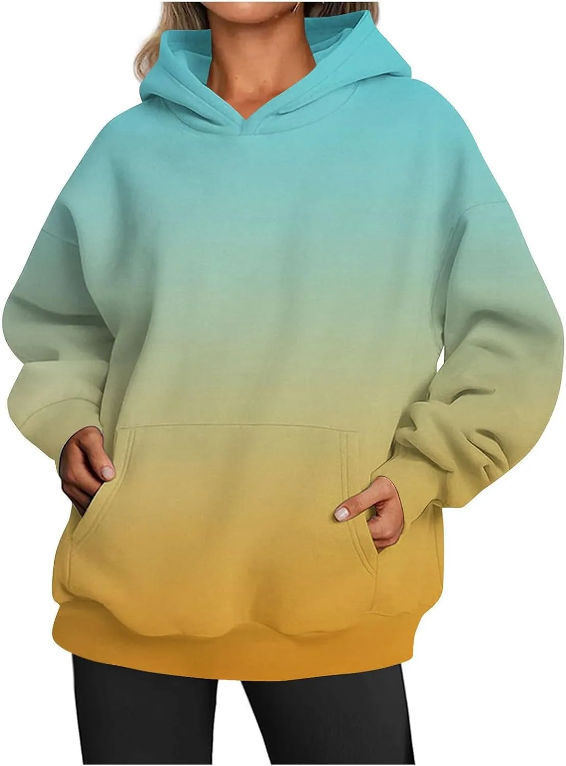 Women's 2024 Fashion Sweatshirts Drawstring Long Sleeve Oversized Hoodies Dye Pullover Outfits with Pockets