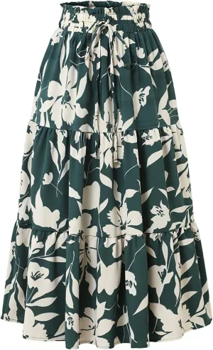 Women's 2025 Spring High Waist Floral Pleated A Line Boho Beach Casual Swing Long Skirts, S-XL