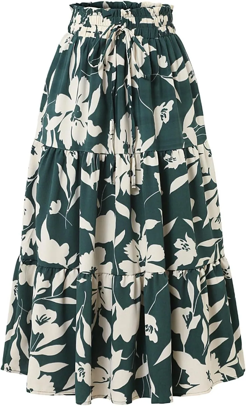 Women's 2025 Spring High Waist Floral Pleated A Line Boho Beach Casual Swing Long Skirts, S-XL