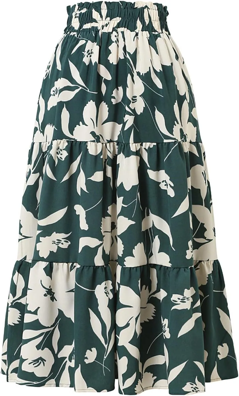 Women's 2025 Spring High Waist Floral Pleated A Line Boho Beach Casual Swing Long Skirts, S-XL
