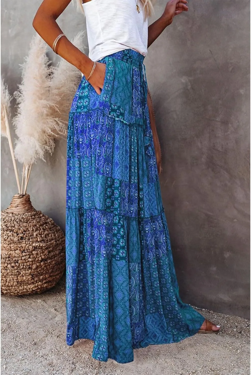 Womens 2025 Summer Boho Floral Maxi Skirt High Waist Casual Elastic Waist Flowy Pleated A Line Skirts with Pockets