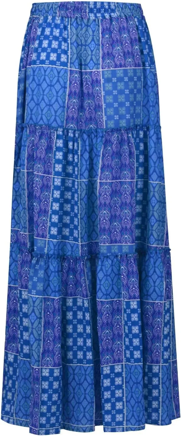 Womens 2025 Summer Boho Floral Maxi Skirt High Waist Casual Elastic Waist Flowy Pleated A Line Skirts with Pockets