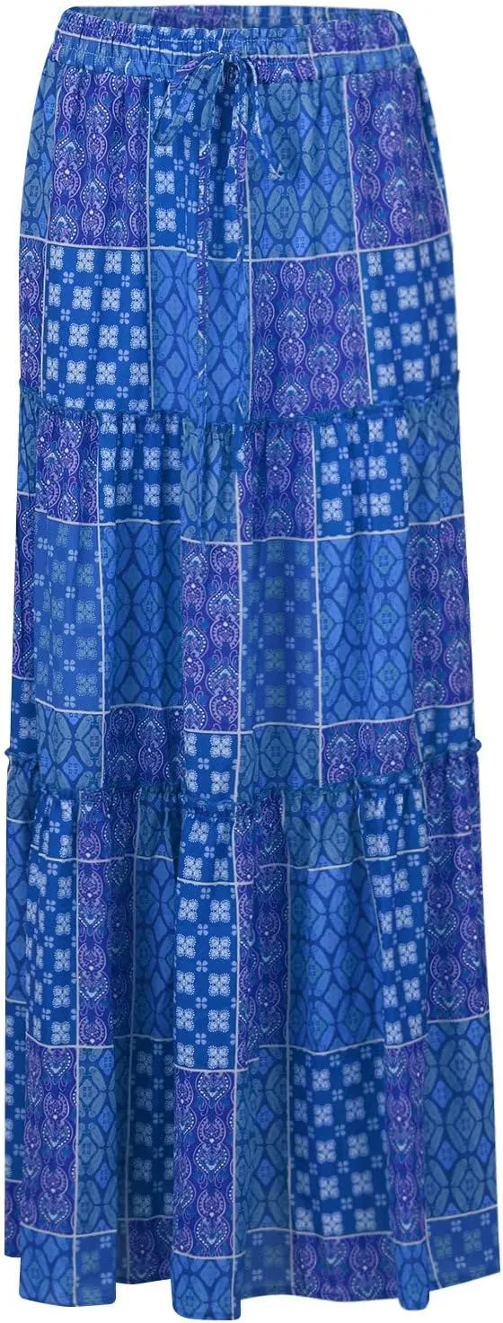 Womens 2025 Summer Boho Floral Maxi Skirt High Waist Casual Elastic Waist Flowy Pleated A Line Skirts with Pockets