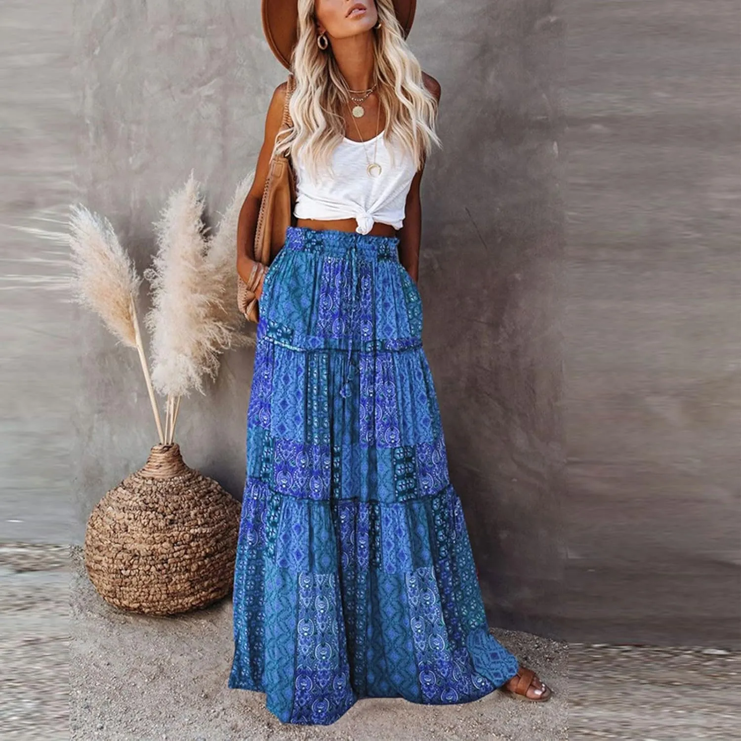 Womens 2025 Summer Boho Floral Maxi Skirt High Waist Casual Elastic Waist Flowy Pleated A Line Skirts with Pockets