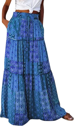Womens 2025 Summer Boho Floral Maxi Skirt High Waist Casual Elastic Waist Flowy Pleated A Line Skirts with Pockets