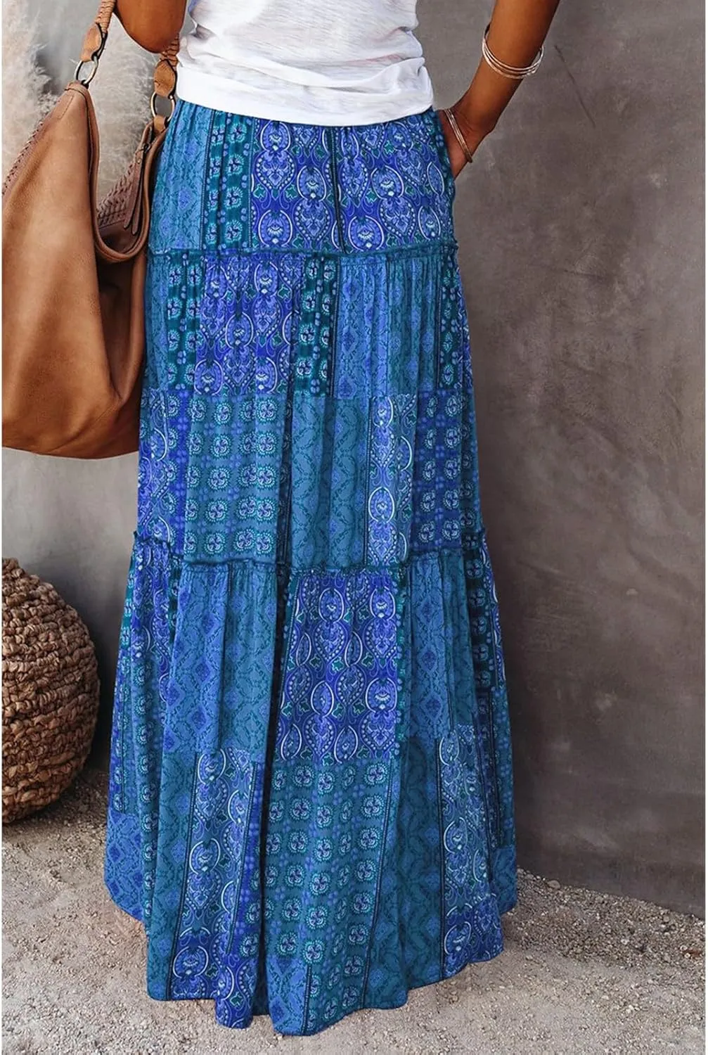 Womens 2025 Summer Boho Floral Maxi Skirt High Waist Casual Elastic Waist Flowy Pleated A Line Skirts with Pockets