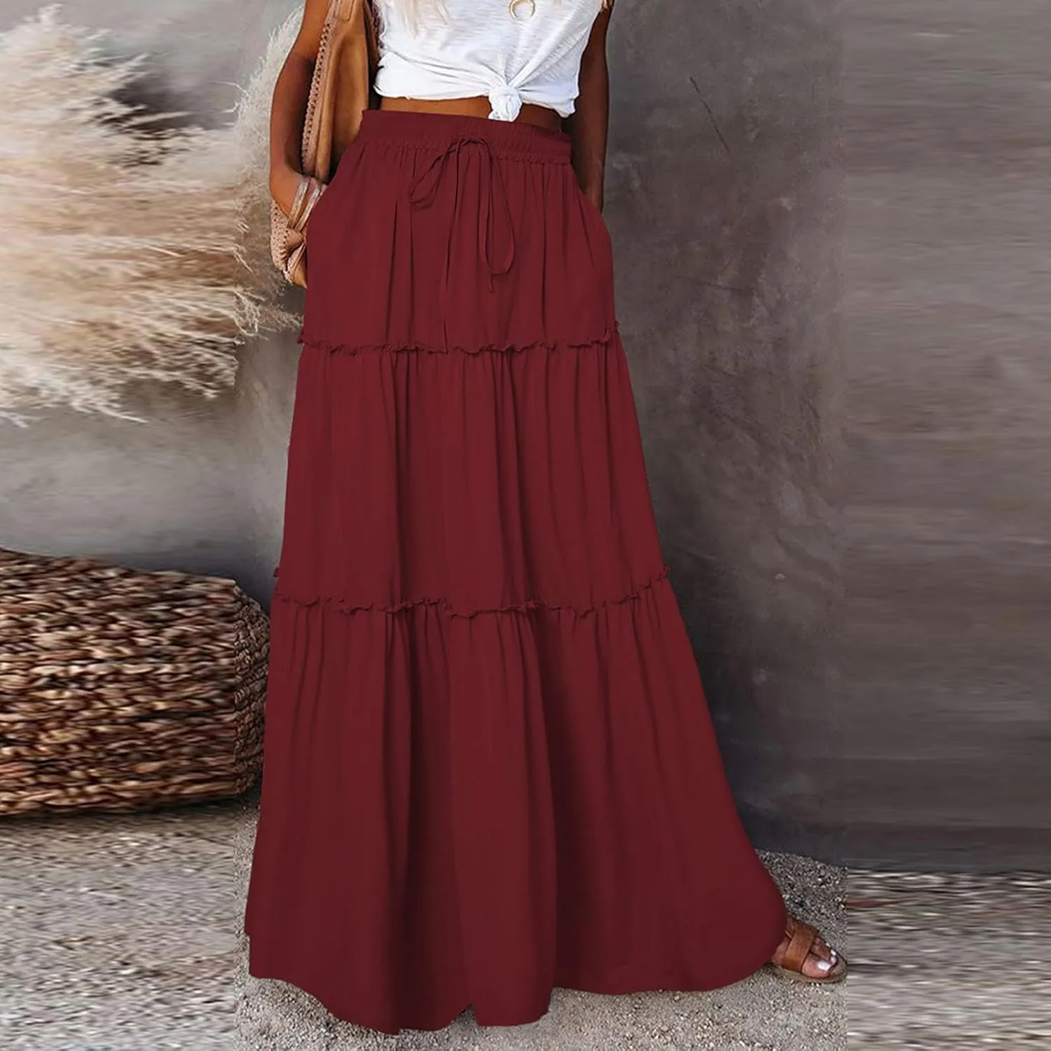 Womens 2025 Summer Long Maxi Skirt Loose Trendy Pleated Tie Knot Elastic High Waisted Flowy Casual A Line Skirts