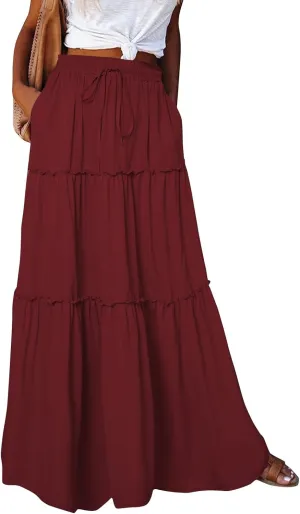Womens 2025 Summer Long Maxi Skirt Loose Trendy Pleated Tie Knot Elastic High Waisted Flowy Casual A Line Skirts