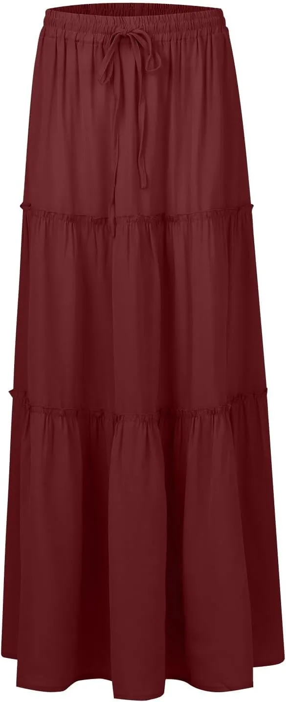 Womens 2025 Summer Long Maxi Skirt Loose Trendy Pleated Tie Knot Elastic High Waisted Flowy Casual A Line Skirts