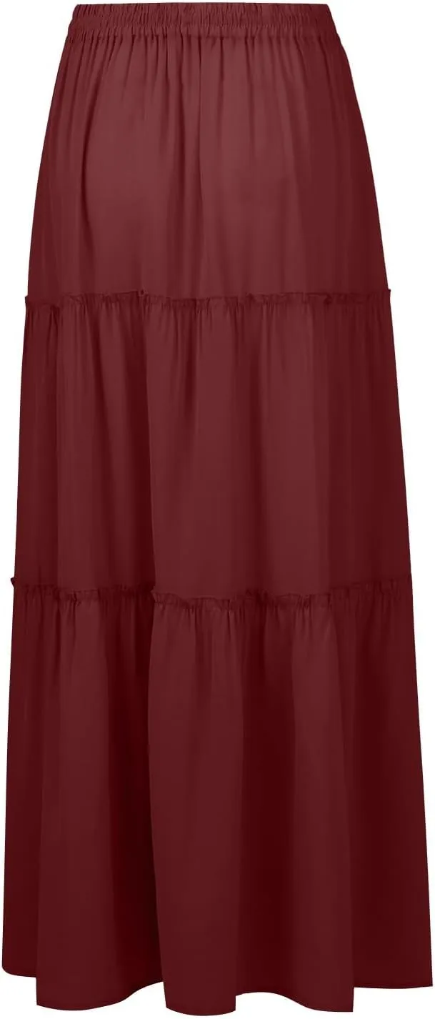 Womens 2025 Summer Long Maxi Skirt Loose Trendy Pleated Tie Knot Elastic High Waisted Flowy Casual A Line Skirts