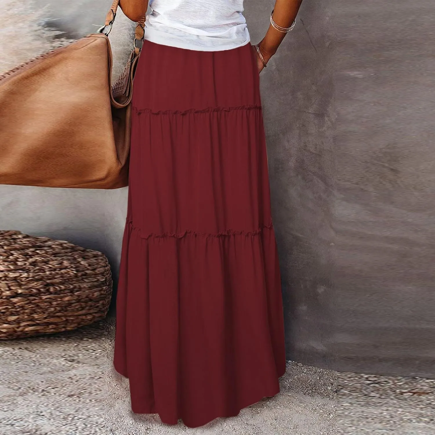 Womens 2025 Summer Long Maxi Skirt Loose Trendy Pleated Tie Knot Elastic High Waisted Flowy Casual A Line Skirts