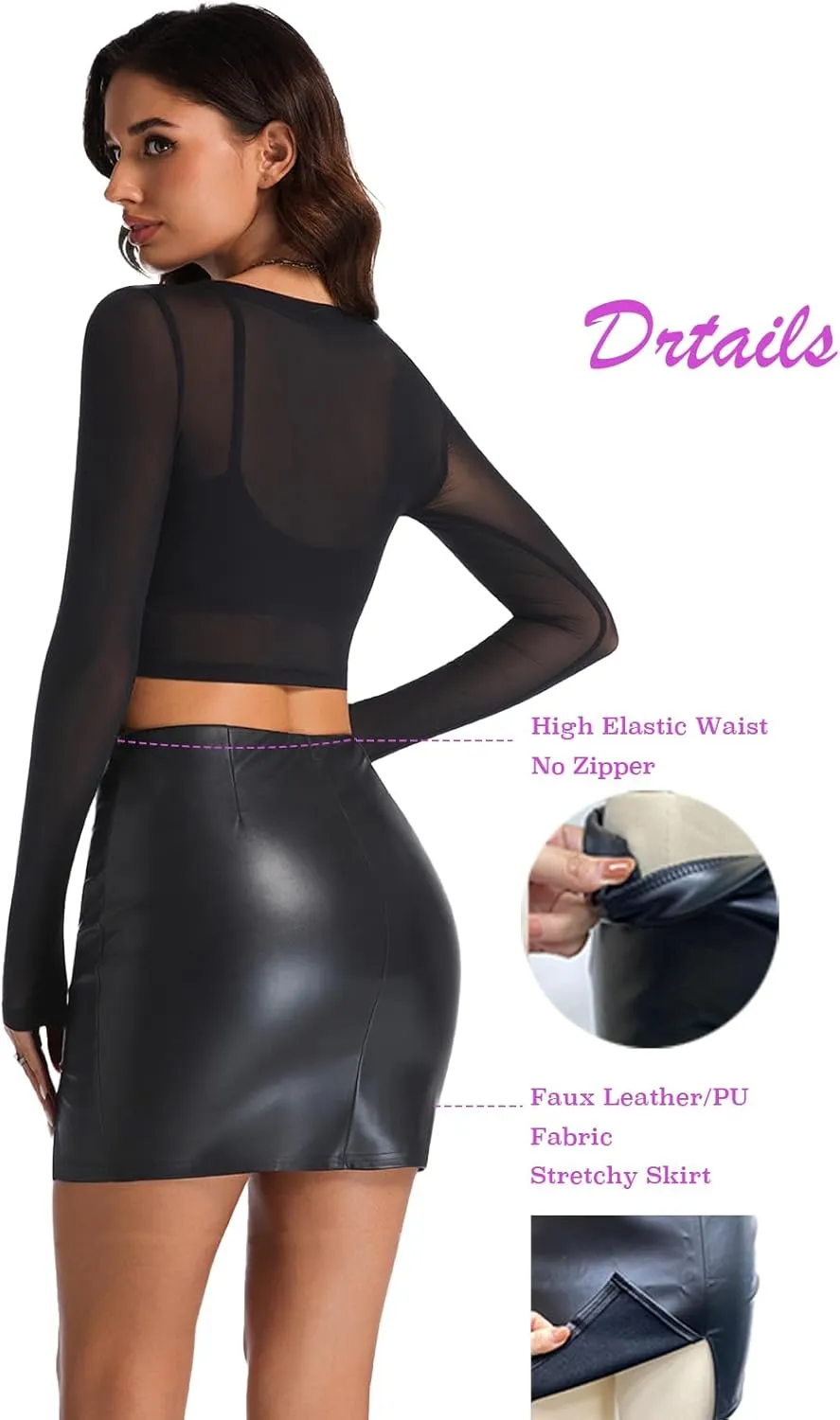 Women's Black Leather Skirts High Waisted High Side Slit Bodycon Mini Skirts