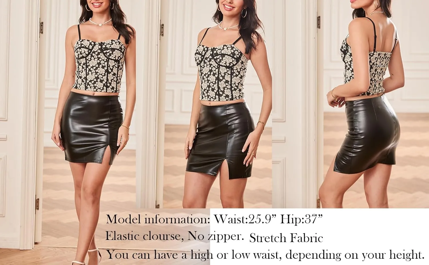 Women's Black Leather Skirts High Waisted High Side Slit Bodycon Mini Skirts