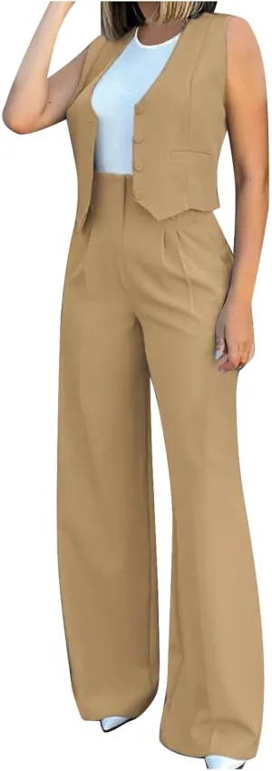 Womens Blazer Vest 2 Piece Sets Business Suit Outfits Button Front Waistcoat Jacket and High Waist Wide Leg Pants