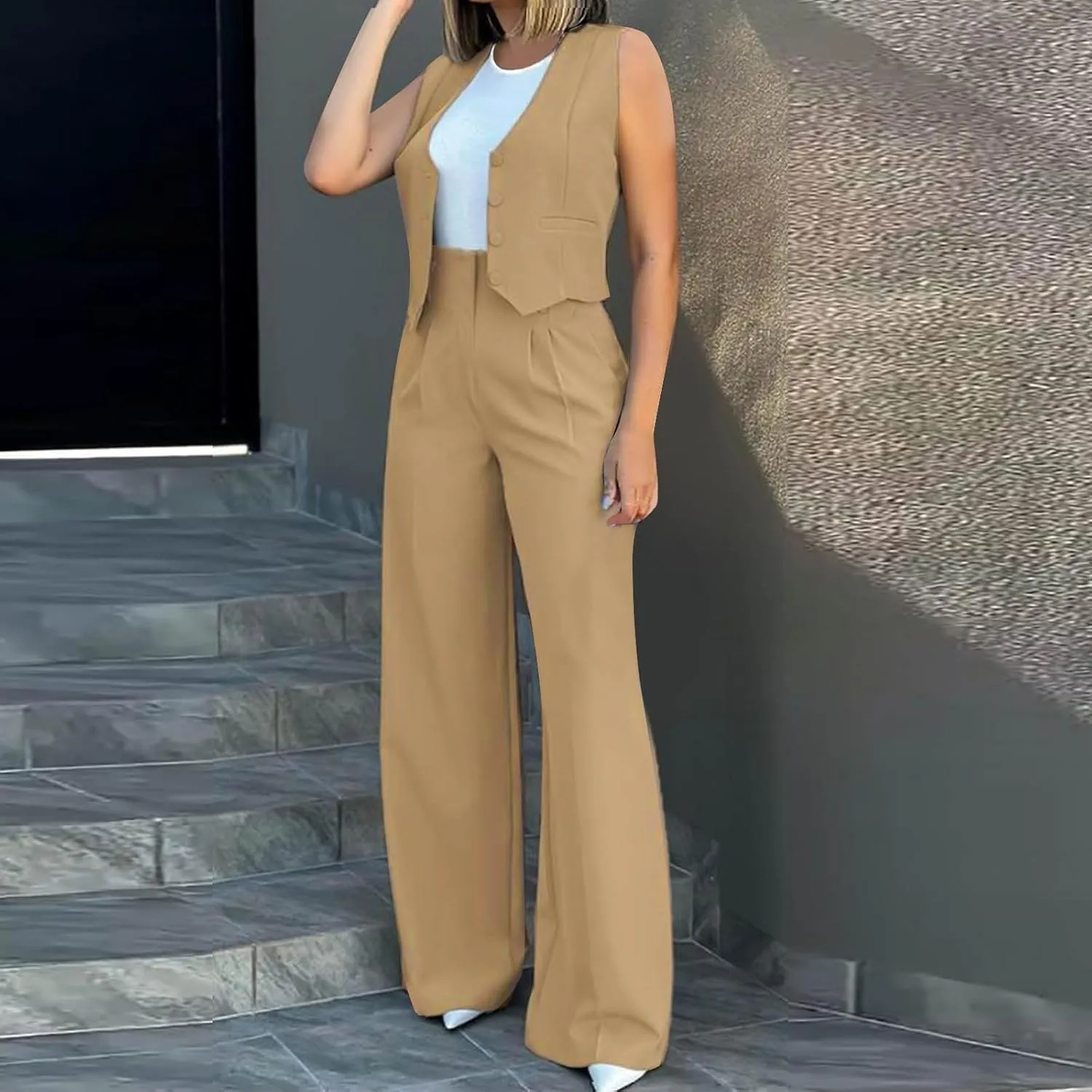 Womens Blazer Vest 2 Piece Sets Business Suit Outfits Button Front Waistcoat Jacket and High Waist Wide Leg Pants
