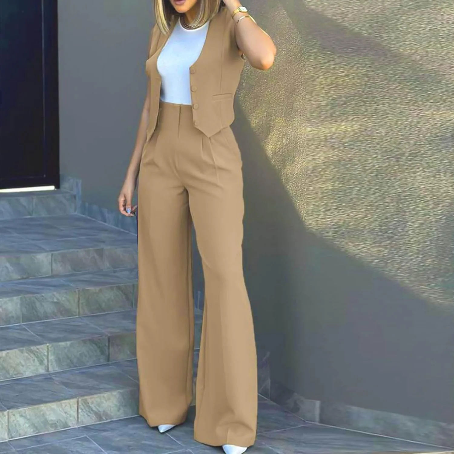 Womens Blazer Vest 2 Piece Sets Business Suit Outfits Button Front Waistcoat Jacket and High Waist Wide Leg Pants