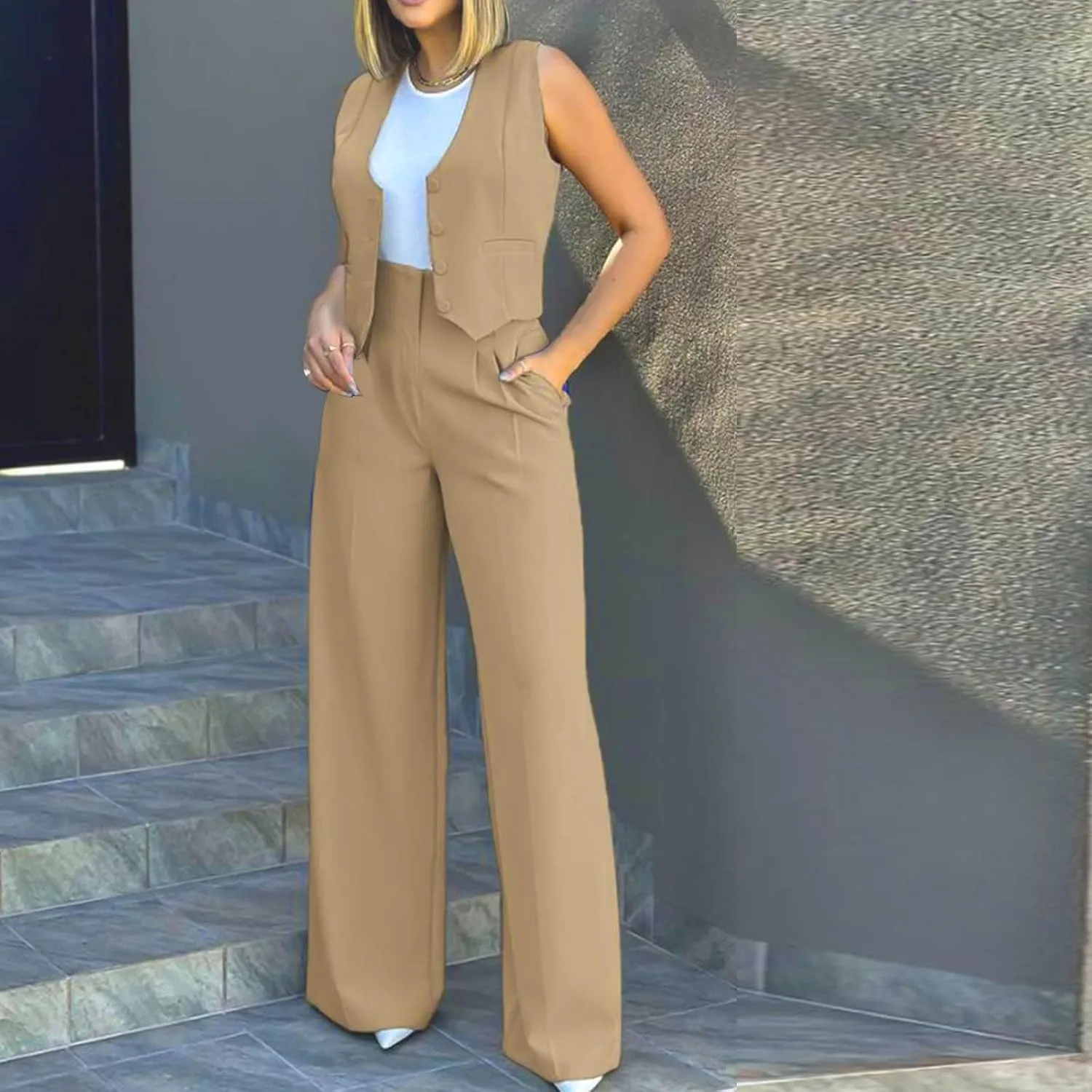 Womens Blazer Vest 2 Piece Sets Business Suit Outfits Button Front Waistcoat Jacket and High Waist Wide Leg Pants